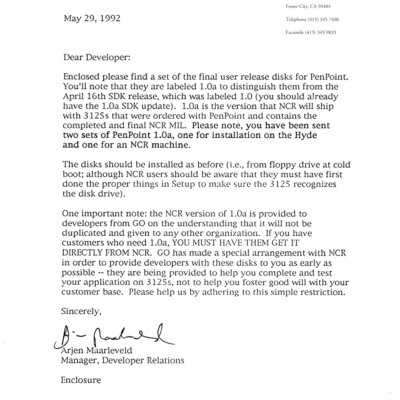 GO Corporation Correspondence - PenPoint SDK 1.0a (May 29, 1992)
