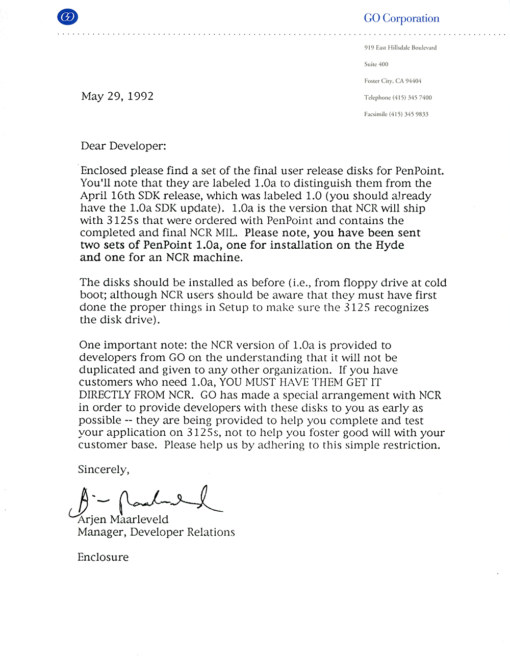 GO Corporation Correspondence - PenPoint SDK 1.0a (May 29, 1992)