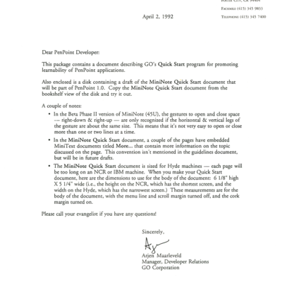 GO Corporation Correspondence - Quick Start Program (April 2, 1992)