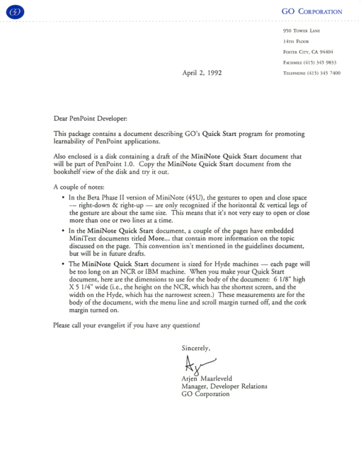 GO Corporation Correspondence - Quick Start Program (April 2, 1992)