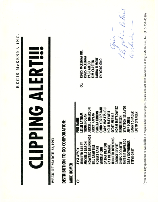 GO Corporation - Regis McKenna Clipping Alert (March 22, 1993)