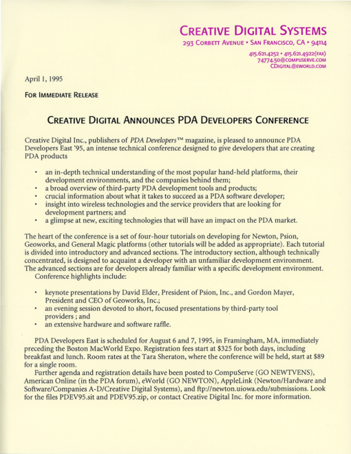 Creative Digital Systems - PDA Developers East '95 (Press Release)
