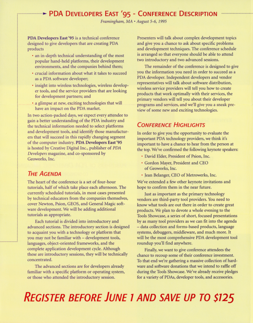 PDA Developers East '95 Conference Details (Pamphlet) - Image 2