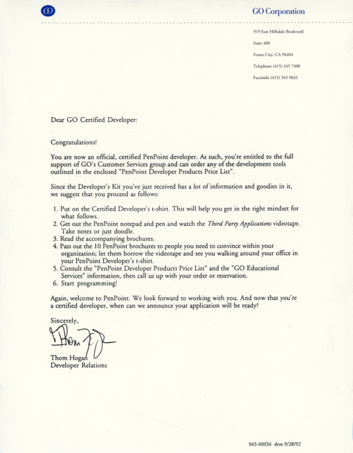 GO Corporation Certified Developer Letter