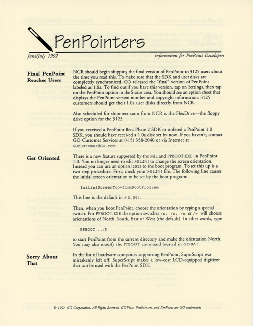 GO Corporation PenPointers June/July 1992 (Newsletter)