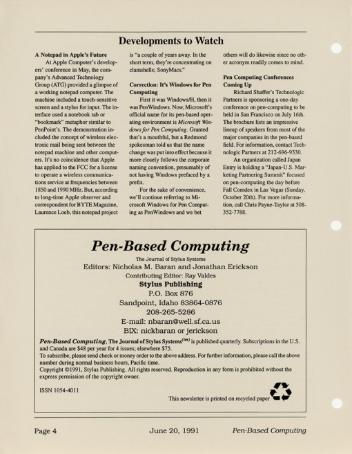 Pen-Based Computing - June 20, 1991 - Volume 1, Number 3 - Image 4