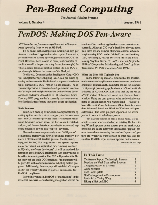 Pen-Based Computing - August, 1991 - Volume 1, Number 4