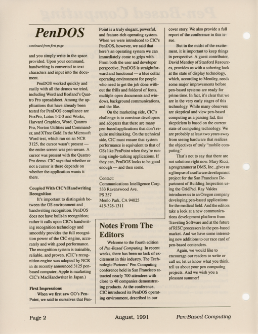 Pen-Based Computing - August, 1991 - Volume 1, Number 4 - Image 2