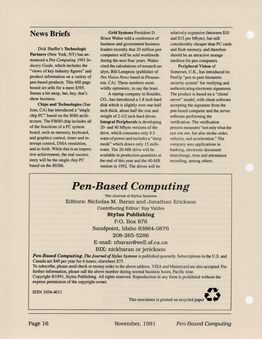 Pen-Based Computing - November, 1991 - Volume 1, Number 5 - Image 16