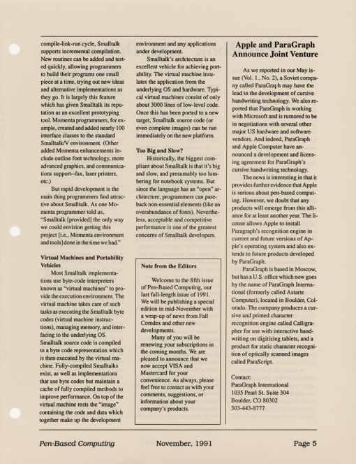 Pen-Based Computing - November, 1991 - Volume 1, Number 5 - Image 5