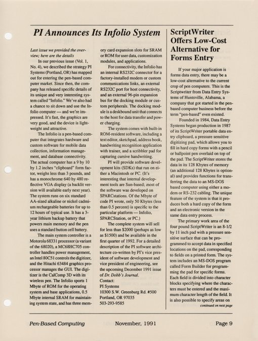 Pen-Based Computing - November, 1991 - Volume 1, Number 5 - Image 9