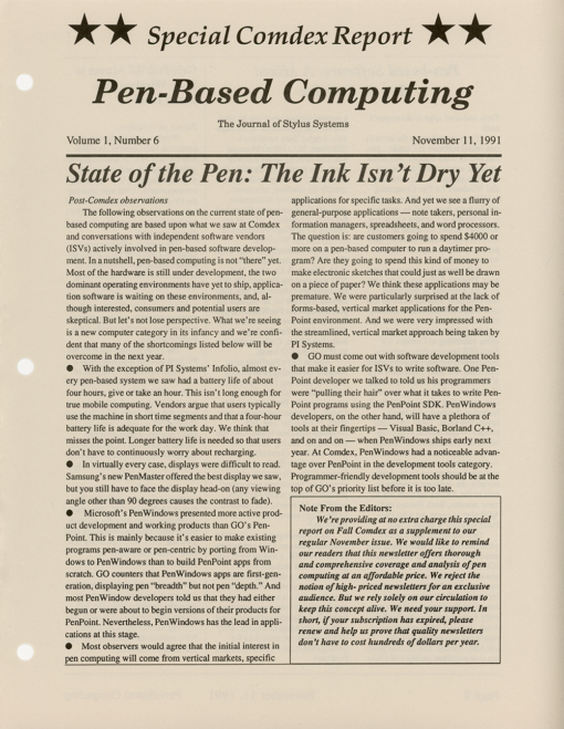 Pen-Based Computing - November 11, 1991 - Volume 1, Number 6