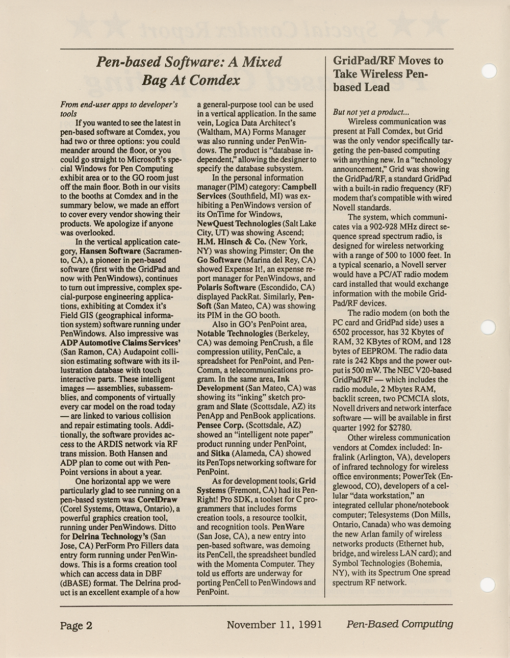 Pen-Based Computing - November 11, 1991 - Volume 1, Number 6 - Image 2
