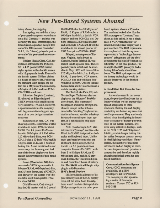 Pen-Based Computing - November 11, 1991 - Volume 1, Number 6 - Image 3