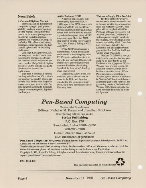 Pen-Based Computing - November 11, 1991 - Volume 1, Number 6 - Image 4