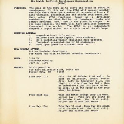 Worldwide PenPoint Developers Organization (WPDO) Meeting Notice - July 23, 1992