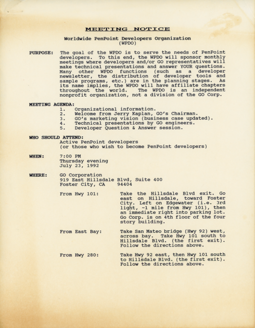 Worldwide PenPoint Developers Organization (WPDO) Meeting Notice - July 23, 1992