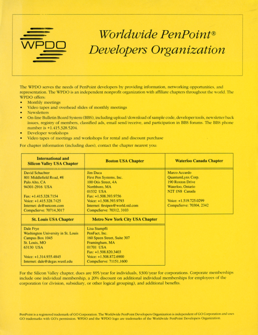 Worldwide PenPoint Developers Organization (WPDO) Flyer - 1993