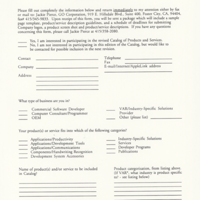 GO Corporation 1993 Catalog of Product and Services Participation Request Form