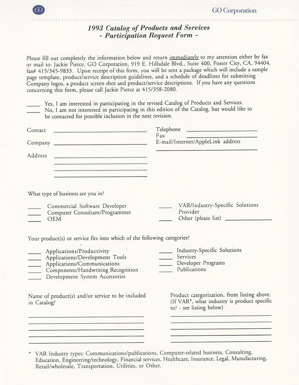 GO Corporation 1993 Catalog of Product and Services Participation Request Form