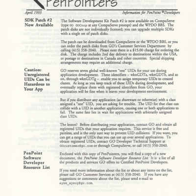 GO Corporation PenPointers April 1993 (Newsletter)