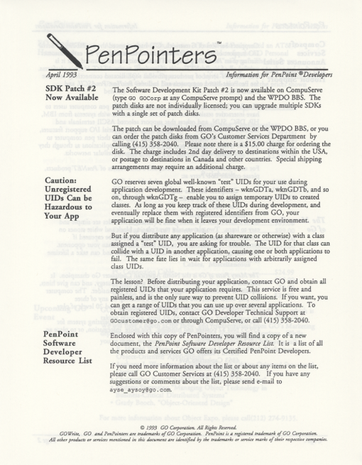 GO Corporation PenPointers April 1993 (Newsletter)