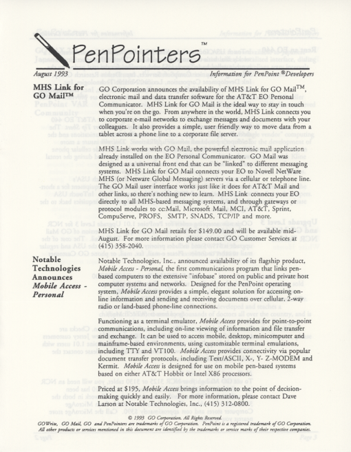 GO Corporation PenPointers August 1993 (Newsletter)