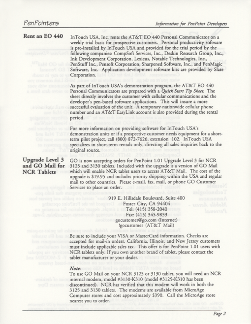 GO Corporation PenPointers August 1993 (Newsletter) - Image 2
