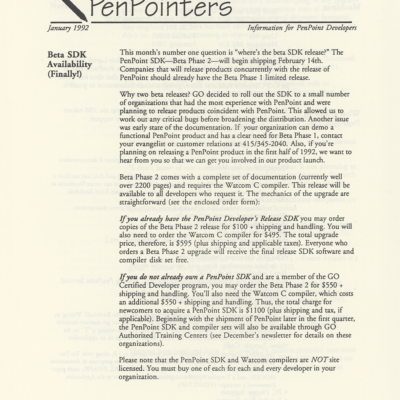 GO Corporation PenPointers January 1992 (Newsletter)