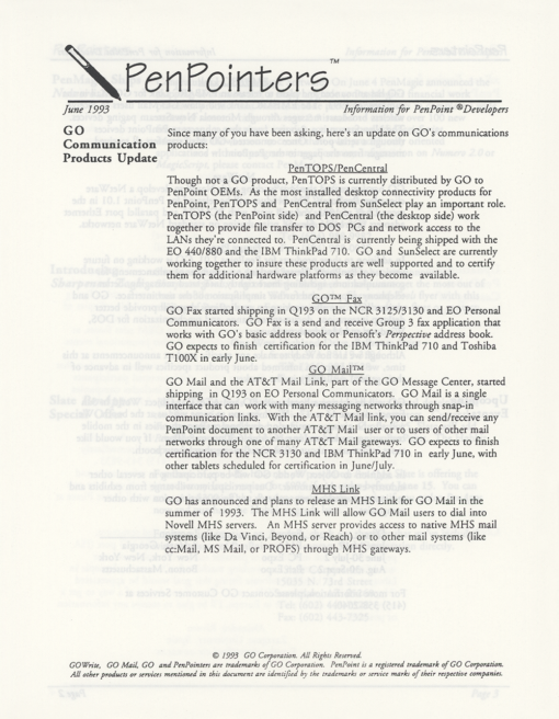 GO Corporation PenPointers June 1993 (Newsletter)