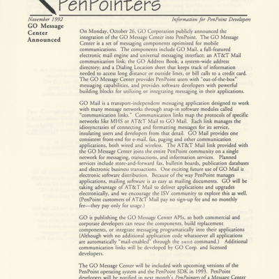 GO Corporation PenPointers November 1992 (Newsletter)