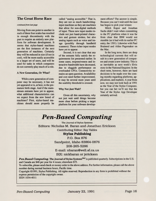 Pen-Based Computing: Volume 1, Number 1 (Back Cover)