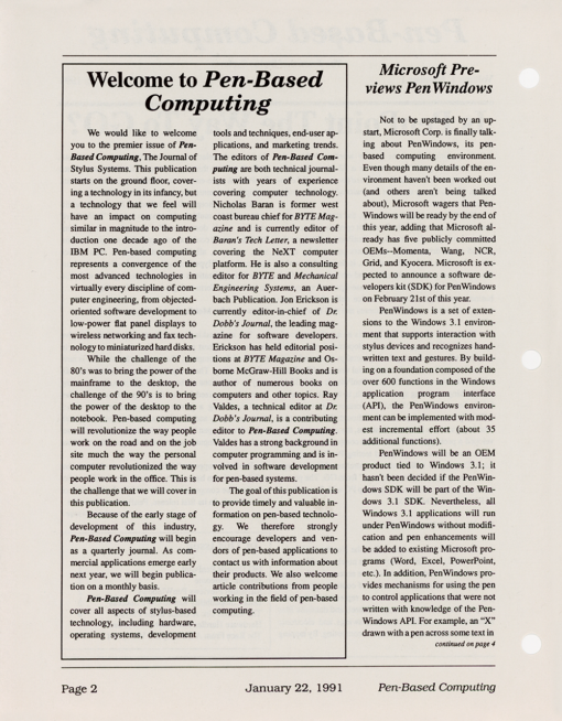 Pen-Based Computing: Volume 1, Number 1 (Page 2)