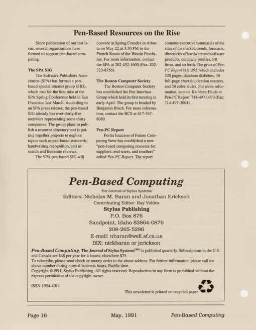 Pen-Based Computing: Volume 1, Number 2 (Back Cover)