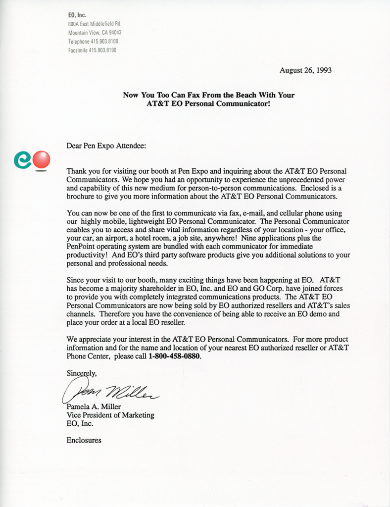 EO, Inc. - Pen Expo Attendee Letter (August 26, 1993)