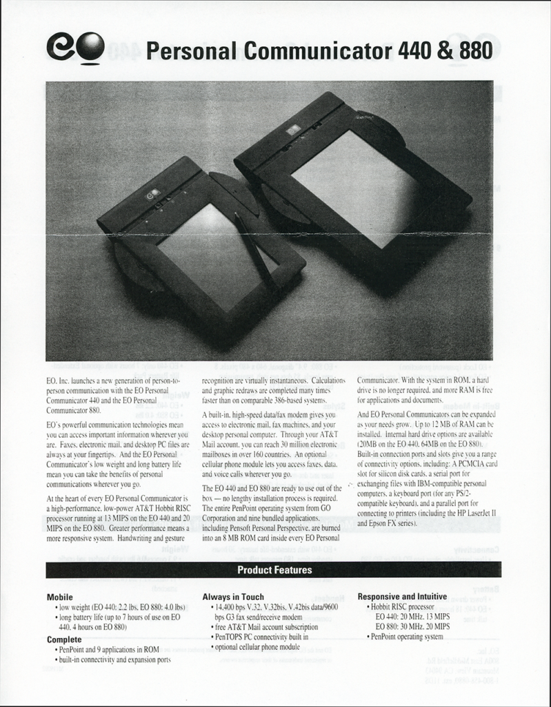 EO, Inc. - Personal Communicator 440/880 Brochure - Photocopy (Front)