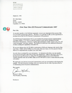 EO, Inc. - Personal Communicator 440 Order Form Letter (John-Jerney)