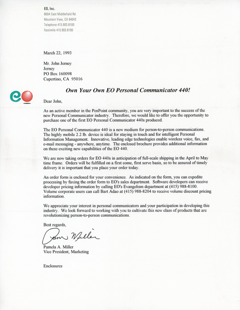 EO, Inc. - Personal Communicator 440 Order Form Letter (John-Jerney)