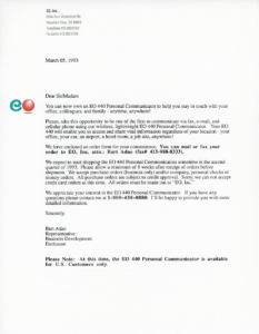 EO Inc - Personal Communicator 440 Order Form Letter (March, 1993)
