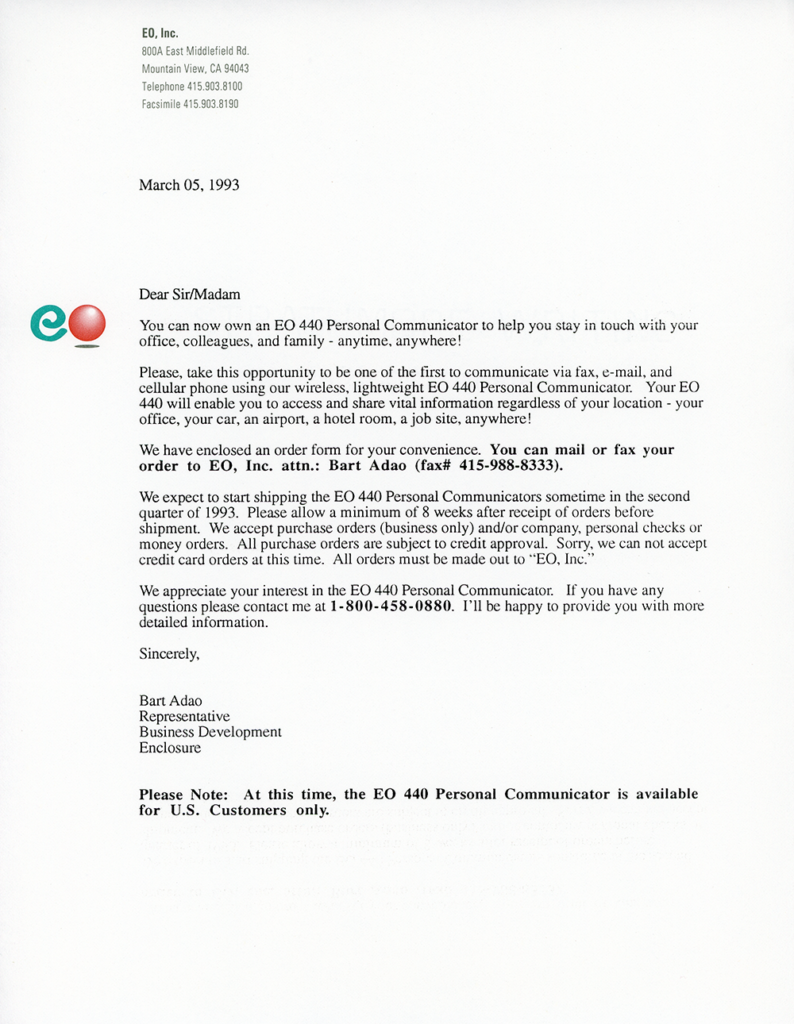 EO Inc - Personal Communicator 440 Order Form Letter (March, 1993)