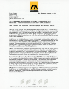 Metrowerks, Inc. - Metrowerks Ships CodeWarrior for PalmPilot Release 3 Press Release (Side 1)