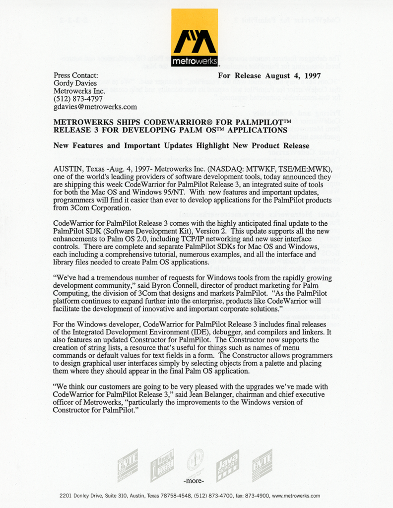 Metrowerks, Inc. - Metrowerks Ships CodeWarrior for PalmPilot Release 3 Press Release (Side 1)