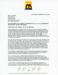 Metrowerks, Inc. - Metrowerks to Support Windows CE 2.0 Press Release (Page 1)