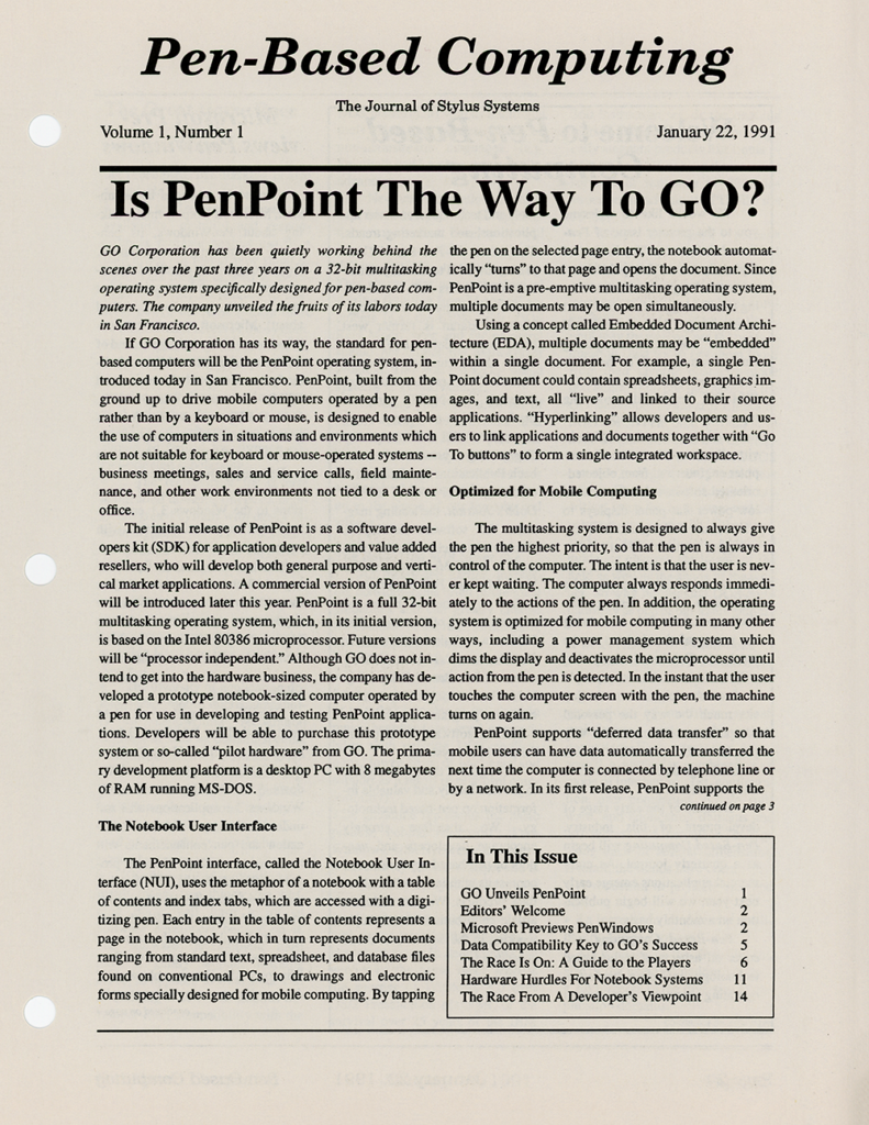 Pen-Based Computing – January 22, 1991 – Volume 1, Number 1