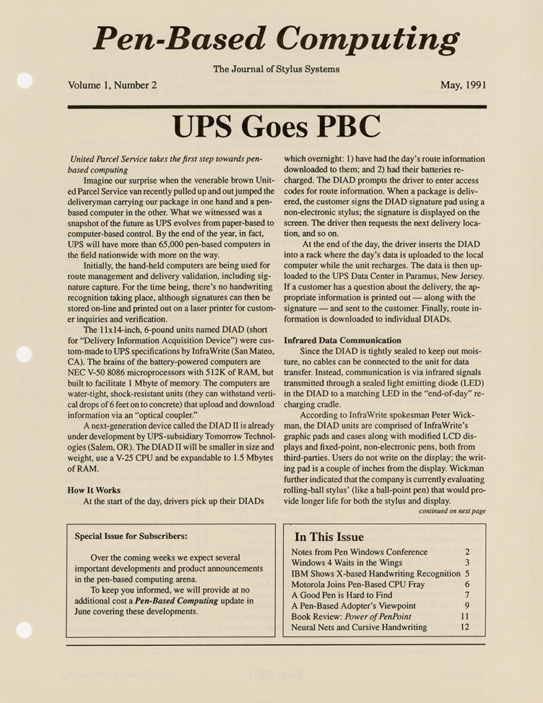 Pen-Based Computing: Volume 1, Number 2 (Cover)
