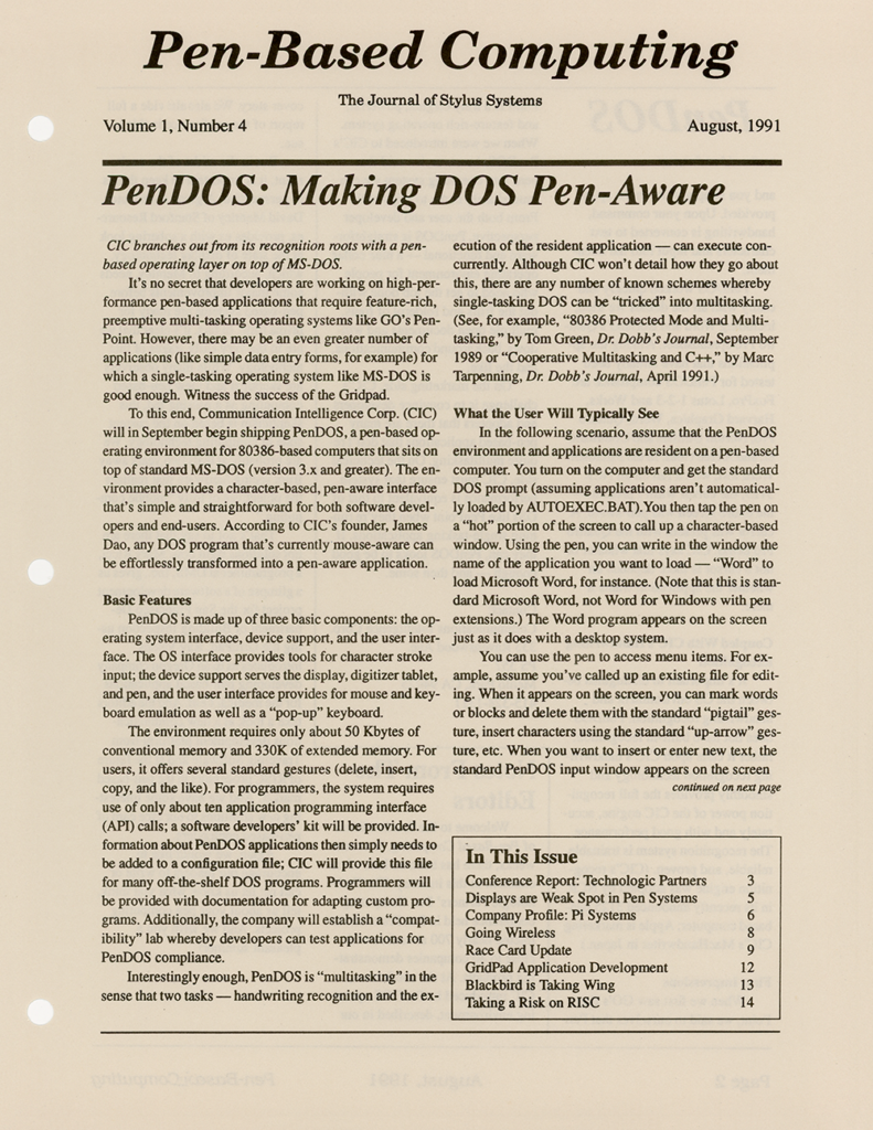 Pen-Based Computing: Volume 1, Number 4 (Cover)