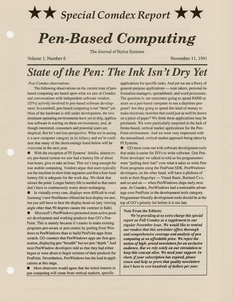Pen-Based Computing: Volume 1, Number 6 (Cover)