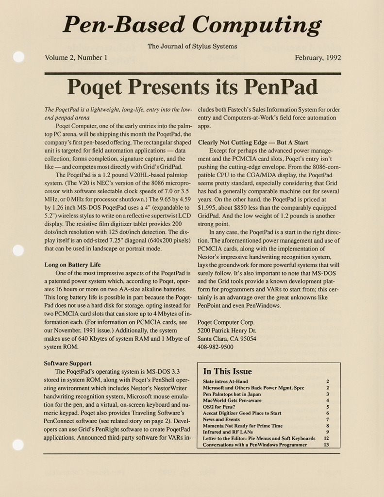 Pen-Based Computing: Volume 2, Number 1 (Cover)