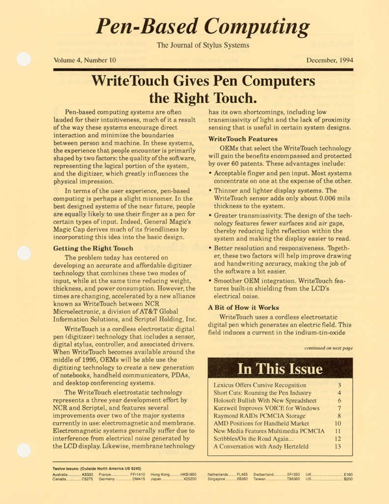 Pen-Based Computing: Volume 4, Number 10 (Cover)