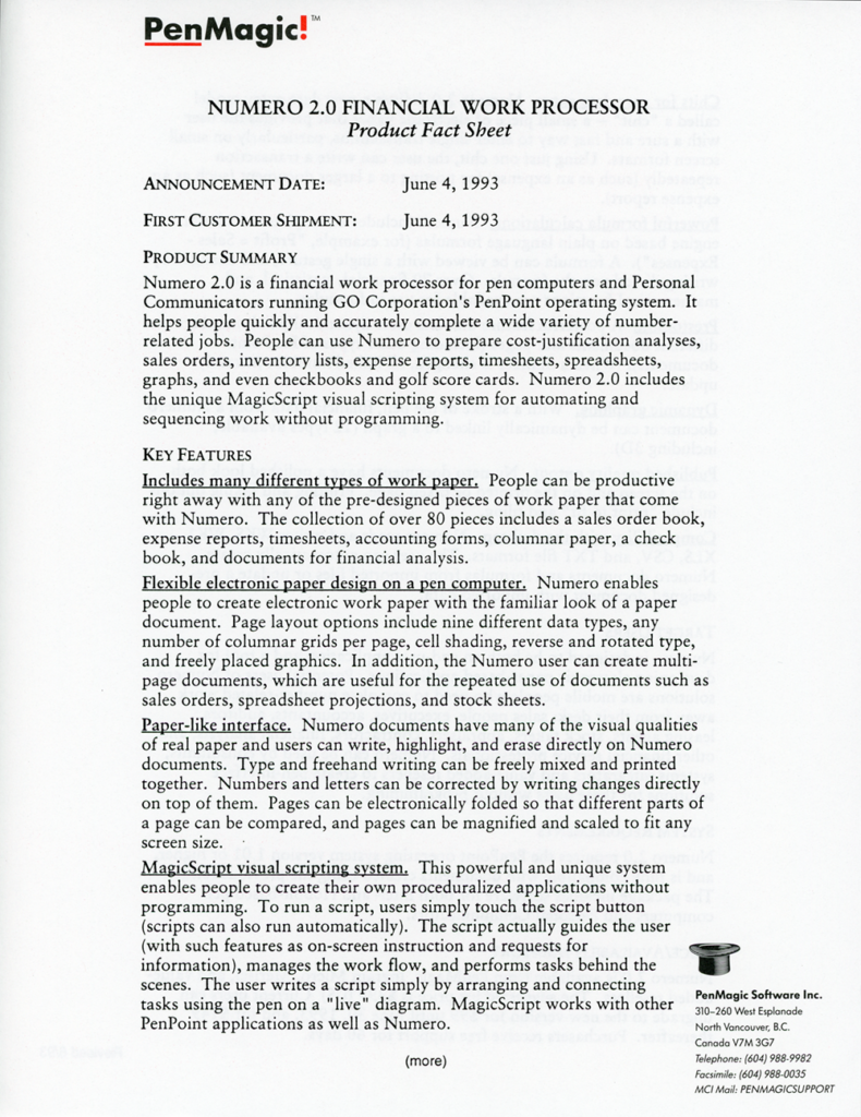 PenMagic Numero 2.0 Product Fact Sheet (Front)